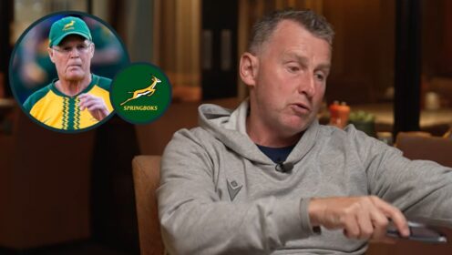 Former Test referee Nigel Owens and Springboks head coach Rassie Erasmus (inset).