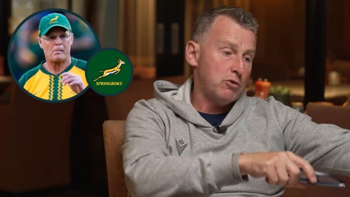 Former Test referee Nigel Owens and Springboks head coach Rassie Erasmus (inset).