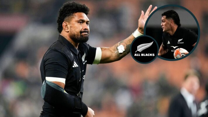 A two layered image of Ardie Savea (left) and Quinn Tupaea (right)