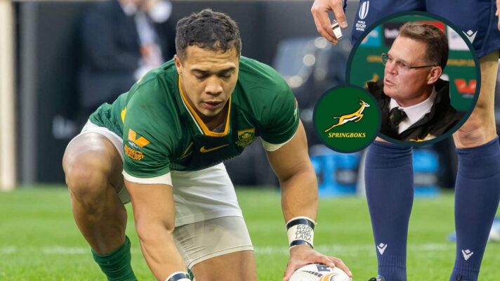 Springboks back Cheslin Kolbe and an inset of Rassie Erasmus.