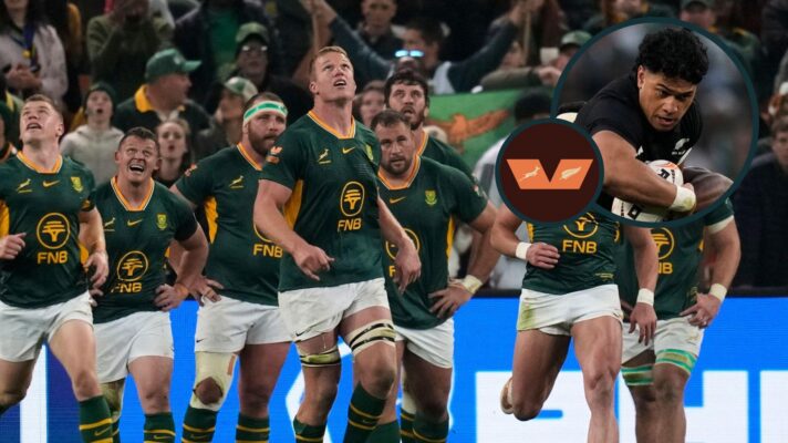 A two layered image of Springbok players and Wallace Sititi