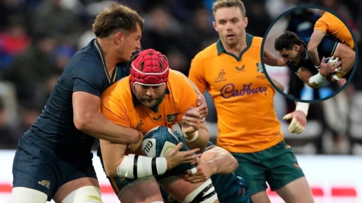 A two layered image of Wallabies and Argentina players in 2026