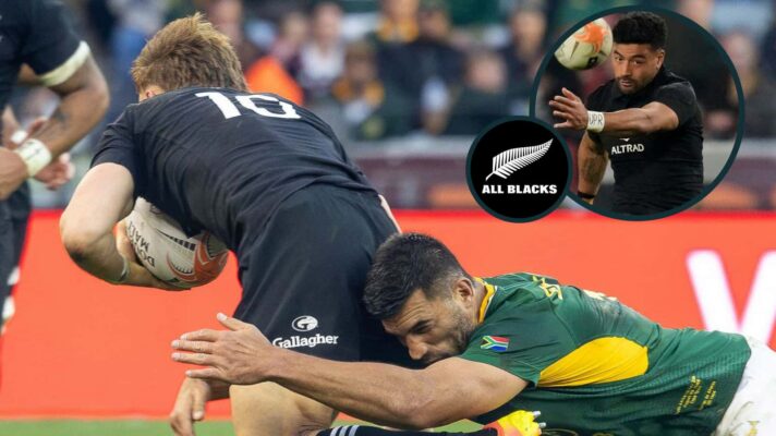 Ruben Love and Richie Mo'unga (inset) in action for the All Blacks.