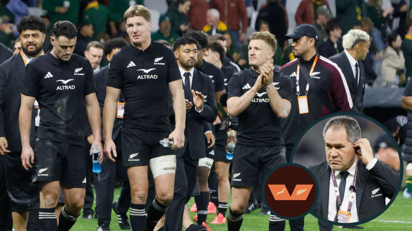 All Blacks players during Springboks series and head coach Dave Rennie (inset).