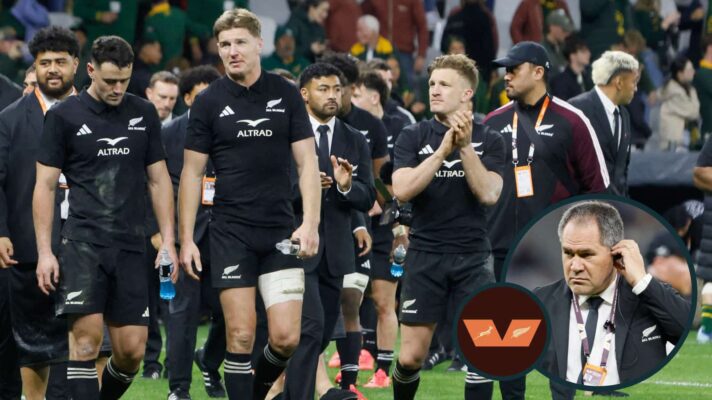 All Blacks players during Springboks series and head coach Dave Rennie (inset).