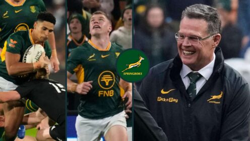 Sacha Feinberg-Mngomezulu, Morne van den Berg and Springboks head coach Rassie Erasmus.