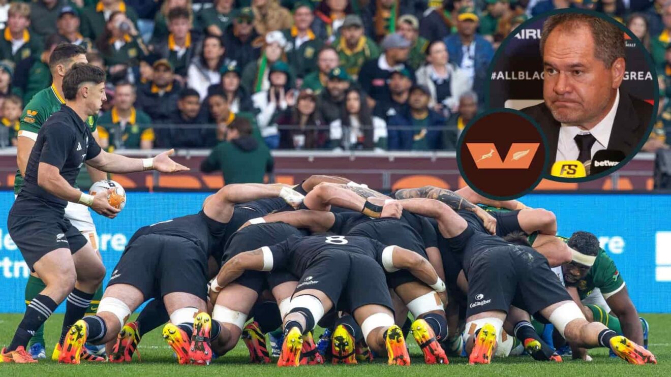 Scrum between the Springboks and All Blacks and an inset of New Zealand head coach Dave Rennie.