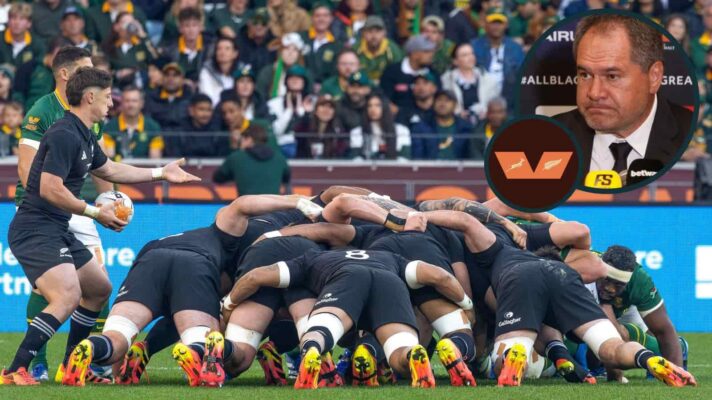 Scrum between the Springboks and All Blacks and an inset of New Zealand head coach Dave Rennie.
