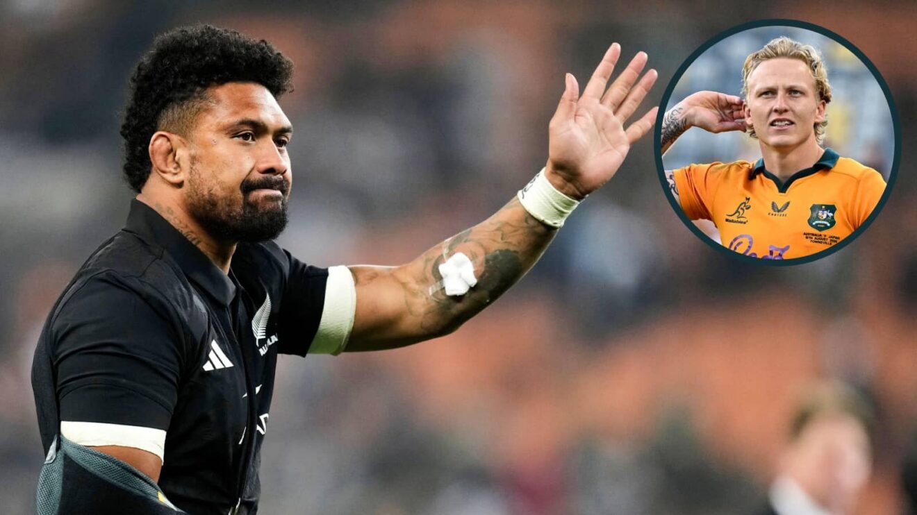 All Blacks captain Ardie Savea and an inset of Wallabies fly-half Carter Gordon.