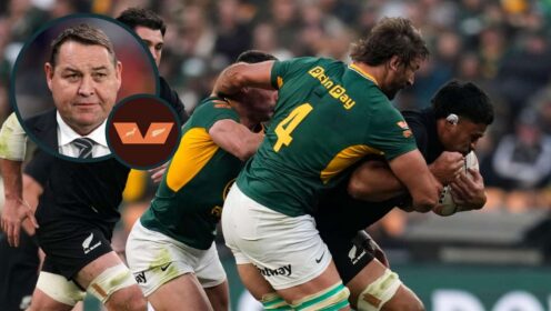Springboks players tackle All Blacks forward Tupou Vaa'i and an inset of Sir Steve Hansen.