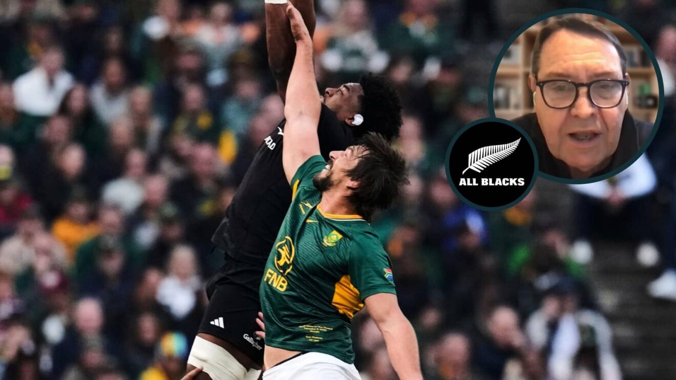 All Black Peter Lakai and Springbok Eben Etzebeth compete for the ball at a lineout and an inset of Sir Steve Hansen.