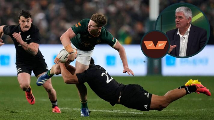 Springboks back Ethan Hooker is tackle by All Black Anton Lienert-Brown and an inset of Nick Mallett.