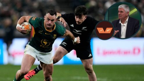 Springboks centre Jesse Kriel evades the tackle from All Black Leroy Carter and an inset of Nick Mallett.