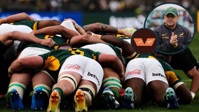 A scrum between the Springboks and All Blacks with an inset of Deon Davids.