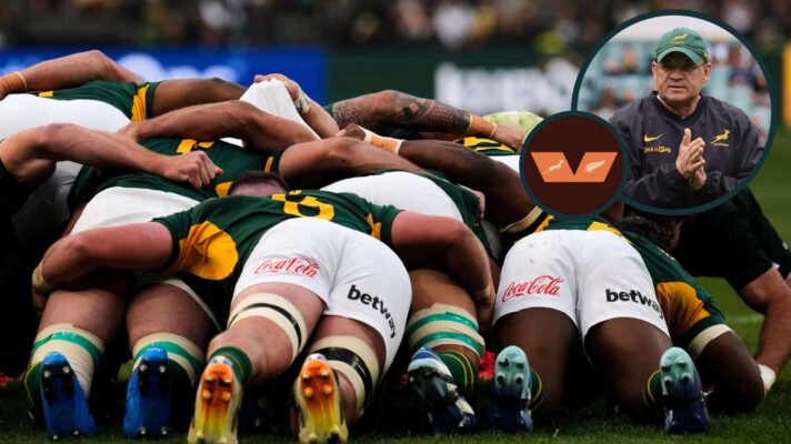A scrum between the Springboks and All Blacks with an inset of Deon Davids.