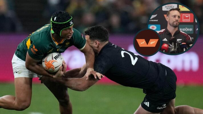 Springbok Kurt-Lee Arendse is tackled by All Black Josh Moorby with an inset of Mike Blair.