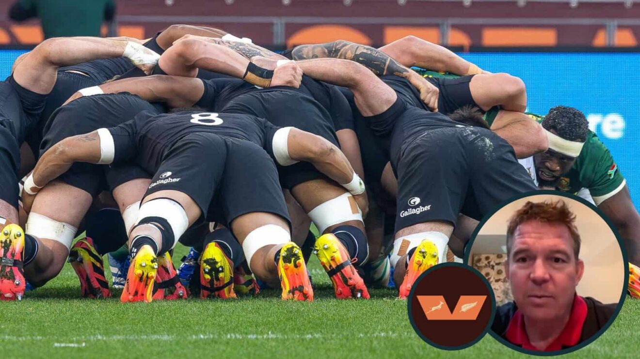 Springboks and All Blacks scrummaging, and legendary front-rower John Smit (inset).