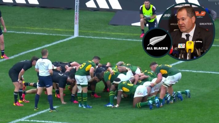 Scrum between the South Africa and New Zealand with an inset of New Zealand head coach Dave Rennie.