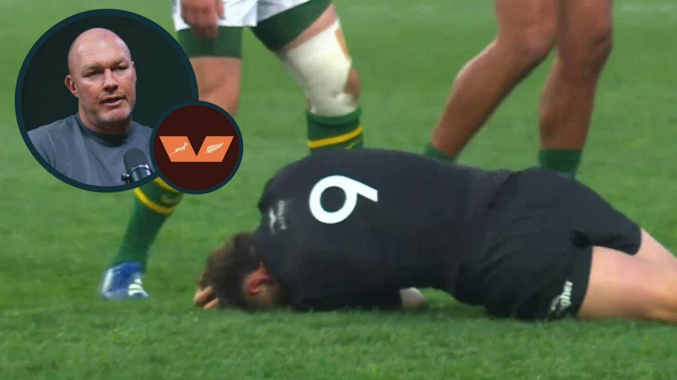 All Blacks scrum-half Cam Roigard and an inset of ex-Springboks flanker Schalk Burger.