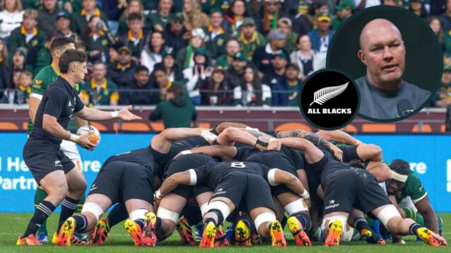Springboks and All Blacks scrum with an inset of Schalk Burger.