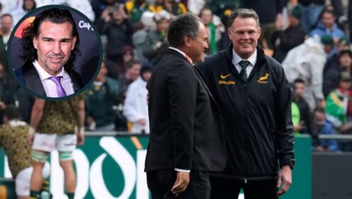 Springboks head coach Rassie Erasmus with All Blacks boss Dave Rennie and an inset of Victor Matfield.