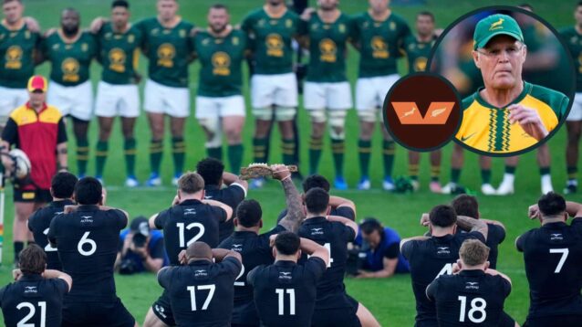 All Blacks haka against the Springboks and South Africa head coach Rassie Erasmus (inset).
