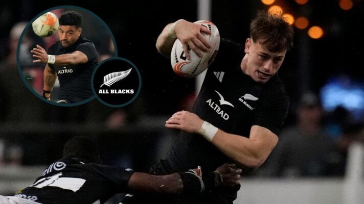 Ruben Love and Richie Mo'unga (inset) in action for the All Blacks during Rugby's Greatest Rivalry tour.