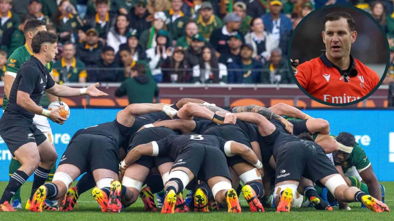 All Blacks scrum versus Springboks and an inset of Referee Karl Dickson.