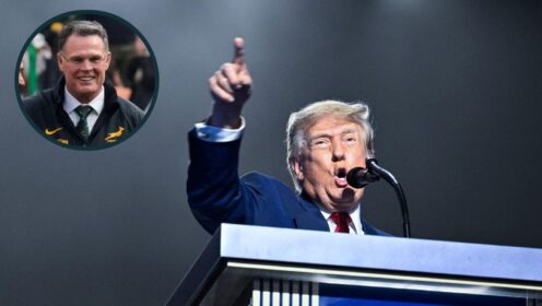 US President Donald Trump and an inset of Springboks head coach Rassie Erasmus.