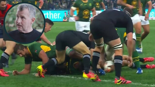 Ruben Love offside at a breakdown and an inset of Nigel Owens.