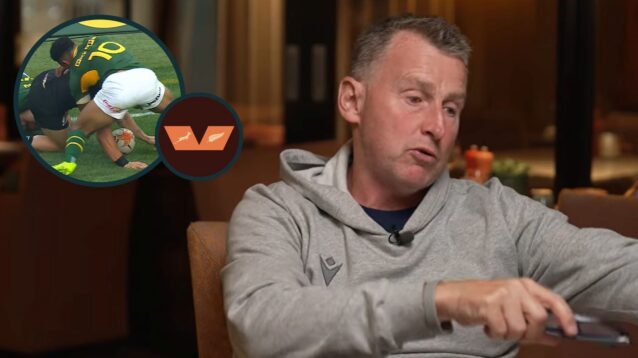 Former Test referee Nigel Owens and Sacha Feinberg-Mngomezulu incident (inset) during Springboks v All Blacks.