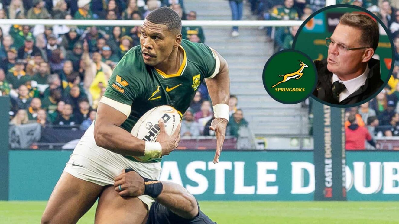 Springboks back Damian Willemse and an inset of head coach Rassie Erasmus.