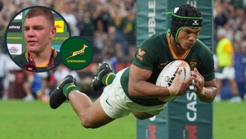 Springboks winger Kurt-Lee Arendse scores against the All Blacks and inset of Morne van den Berg.