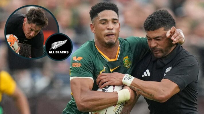 Richie Mo'unga and Cam Roigard (inset) in action for the All Blacks against the Springboks.