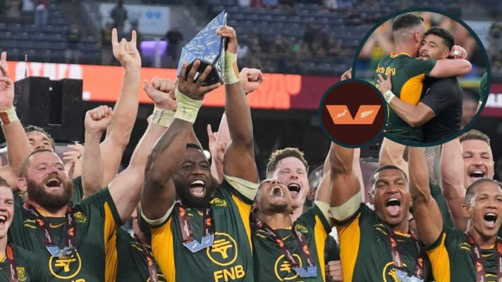 South Africa's captain Siya Kolisi holds the trophy aloft as he celebrates with teammates after defeating the All Blacks and inset of Jesse Kriel and Richie Mo'unga.