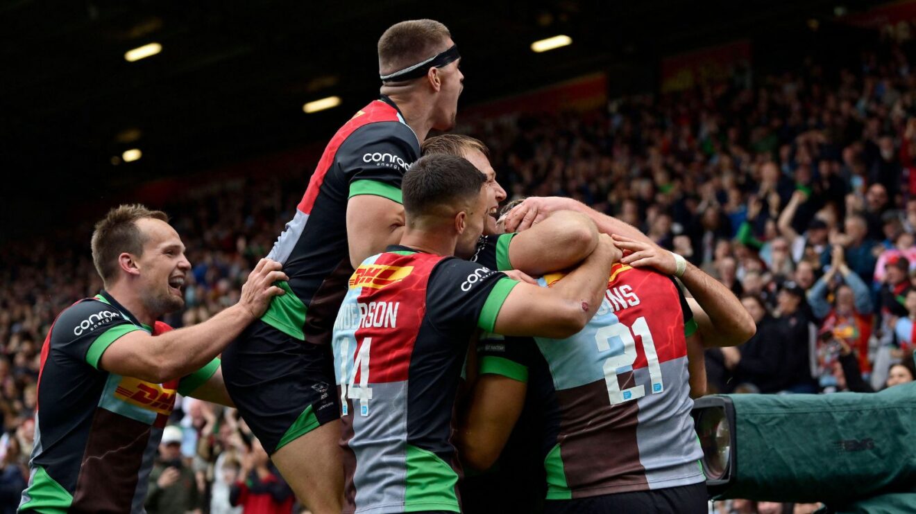 Harlequins players after Tom Lawday's try v Northampton Saints in 2026