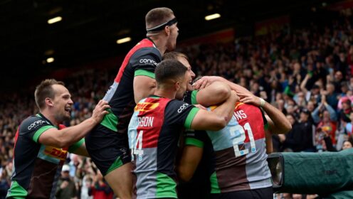 Harlequins players after Tom Lawday's try v Northampton Saints in 2026