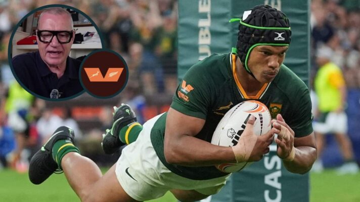 Kurt-Lee Arendse scoring try after controversial incident and All Blacks legend Sir John Kirwan (inset).