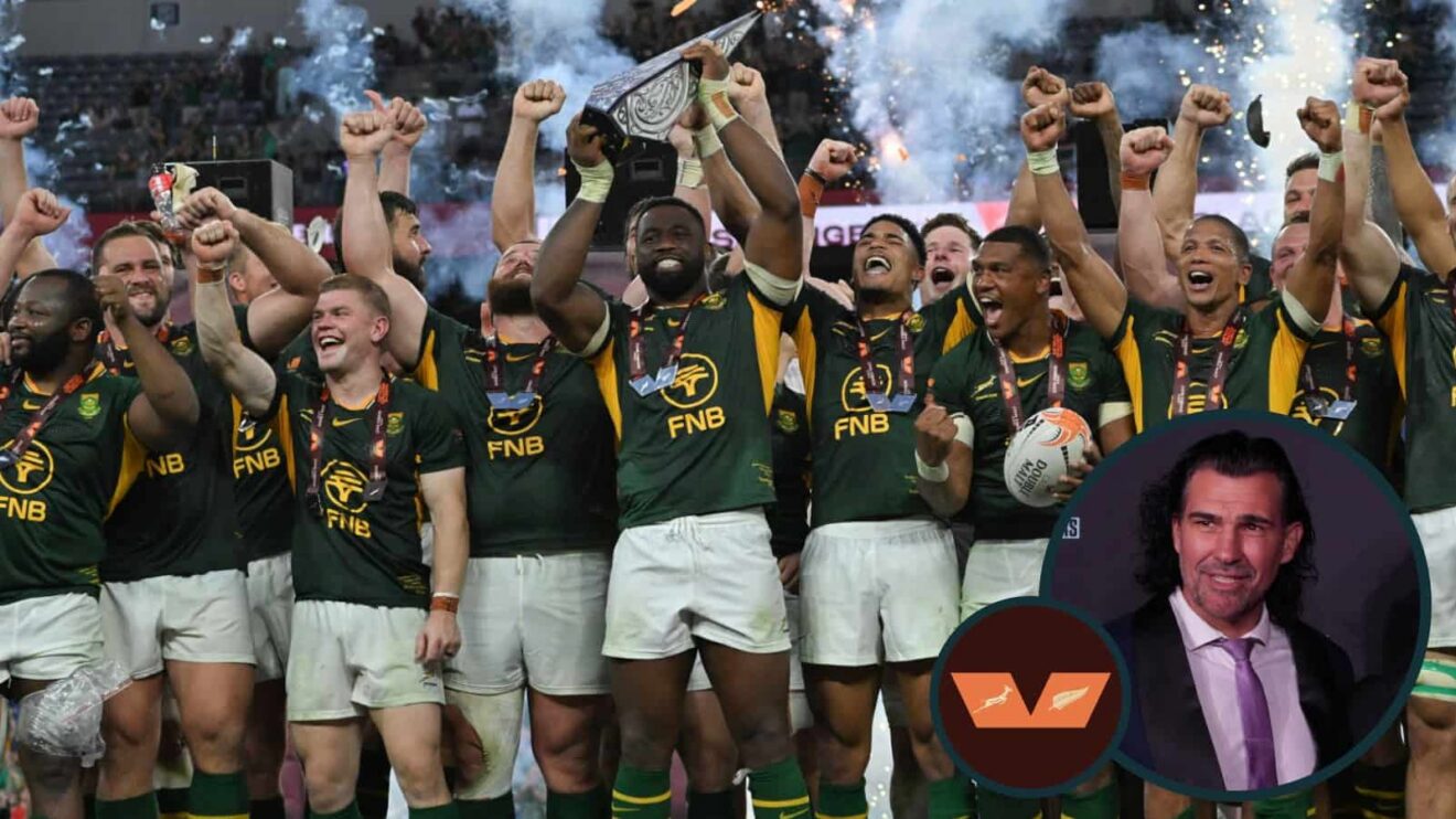 Springboks celebrating Rugby's Greatest Rivalry series victory and South Africa legend Victor Matfield (inset).