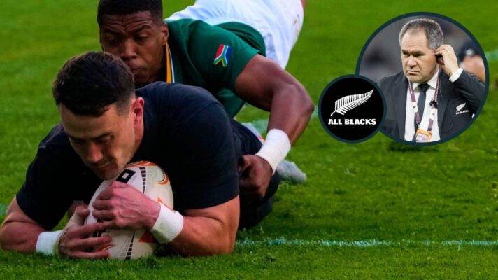 Will Jordan scoring a try for the All Blacks and head coach Dave Rennie (inset).