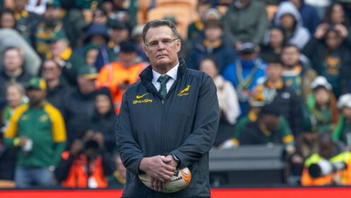 Rassie Erasmus watches the Springboks warm-up in the Rugby's Greatest Rivalry series against the All Blacks
