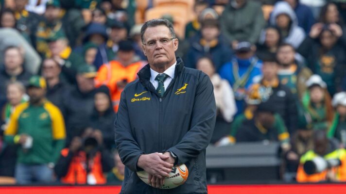 Rassie Erasmus watches the Springboks warm-up in the Rugby's Greatest Rivalry series against the All Blacks
