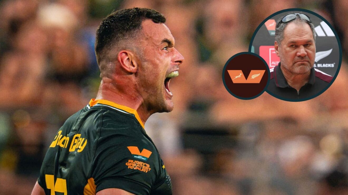 Springboks centre Jesse Kriel celebrates and All Blacks head coach Dave Rennie (inset).