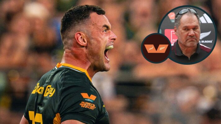 Springboks centre Jesse Kriel celebrates and All Blacks head coach Dave Rennie (inset).
