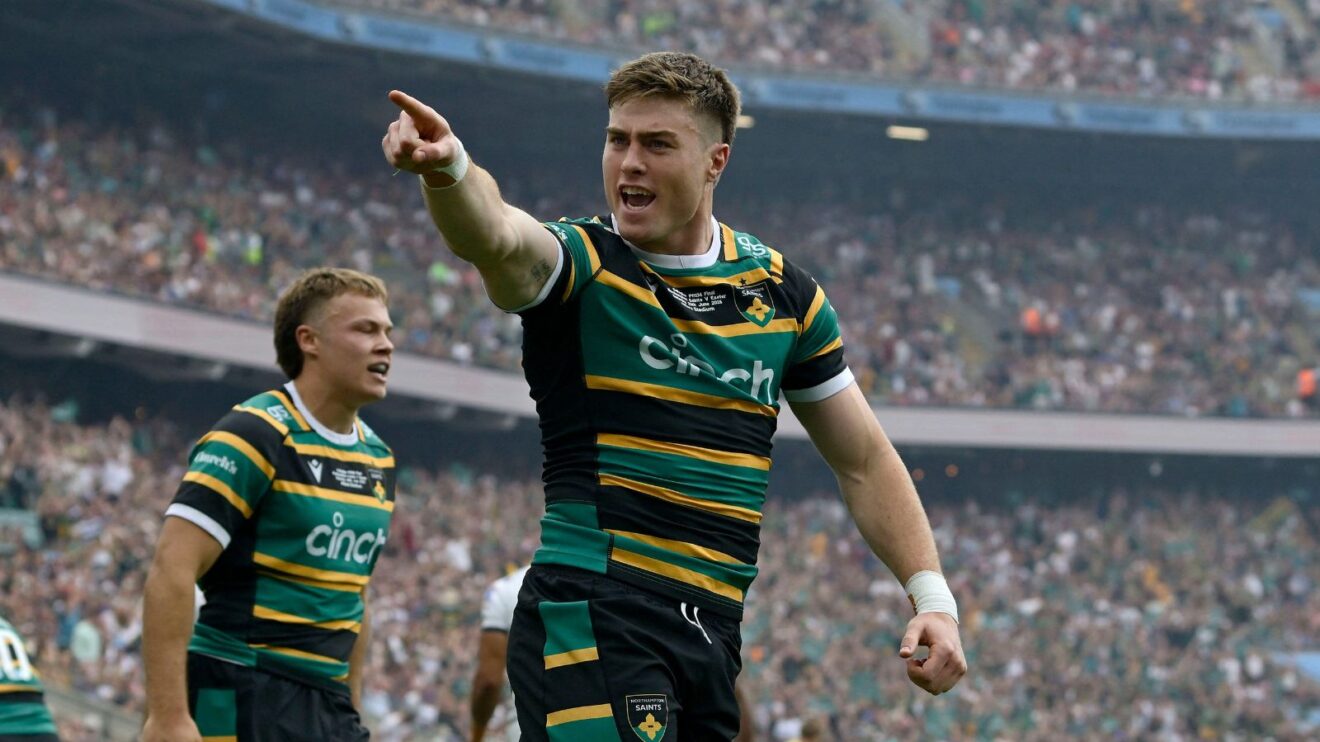 Tommy Freeman celebrating a try v Exeter Chiefs in the 2026 PREM Rugby final