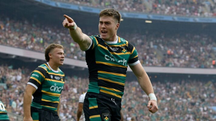 Tommy Freeman celebrating a try v Exeter Chiefs in the 2026 PREM Rugby final