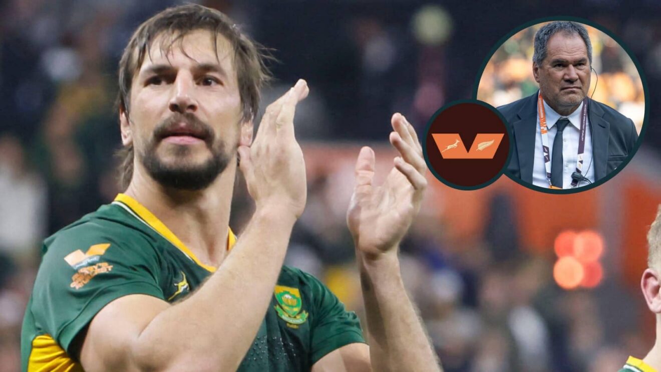 Springboks lock Eben Etzebeth and an inset of All Blacks boss Dave Rennie.