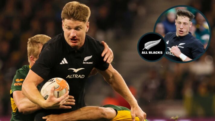 Jordie Barrett and Cam Roigard (inset) in action for the All Blacks against the Springboks.