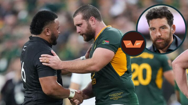 All Blacks hooker Asafo Aumua shakes hands with Springboks prop Gerhard Steenekamp and an inset of Jim Hamilton.
