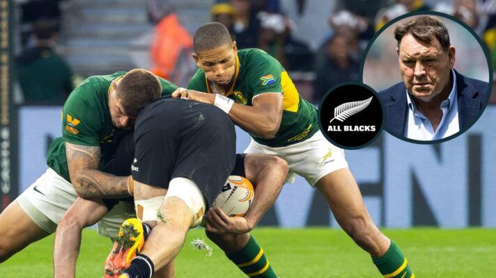 Springboks Malcolm Marx and Manie Libbok make a double tackle against the All Blacks an inset of Sir Steve Hansen.